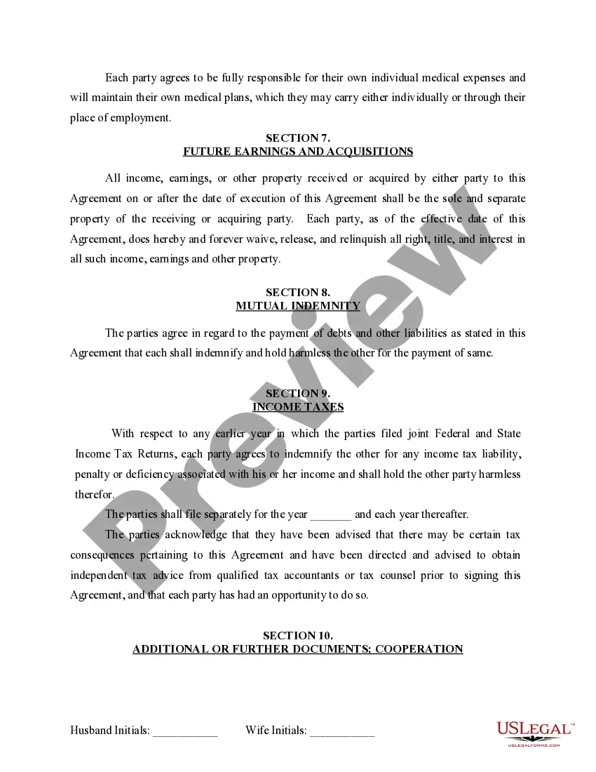 Get Marital Domestic Separation and Property Settlement Agreement for persons with No Children, No Joint Property or Debts where Divorce Action Filed Preview Marital Domestic Separation and Property Settlement Agreement for persons with No Children, No Joint Property or Debts where Divorce Action Filed