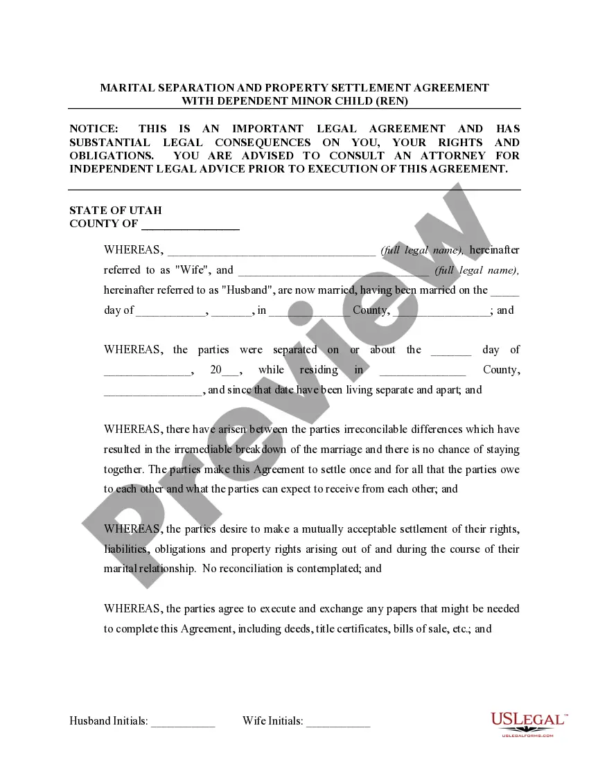 Preview Marital Domestic Separation and Property Settlement Agreement Minor Children no Joint Property or Debts effective Immediately