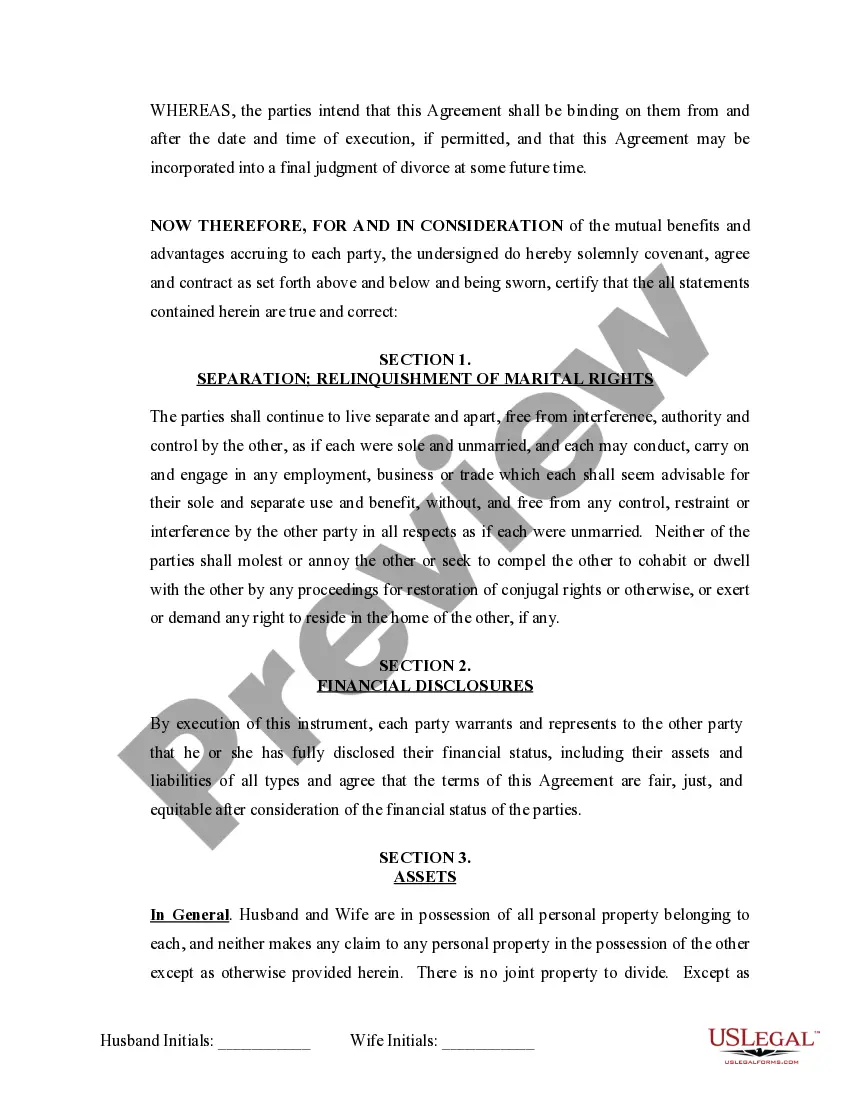 Preview Marital Domestic Separation and Property Settlement Agreement Minor Children no Joint Property or Debts effective Immediately