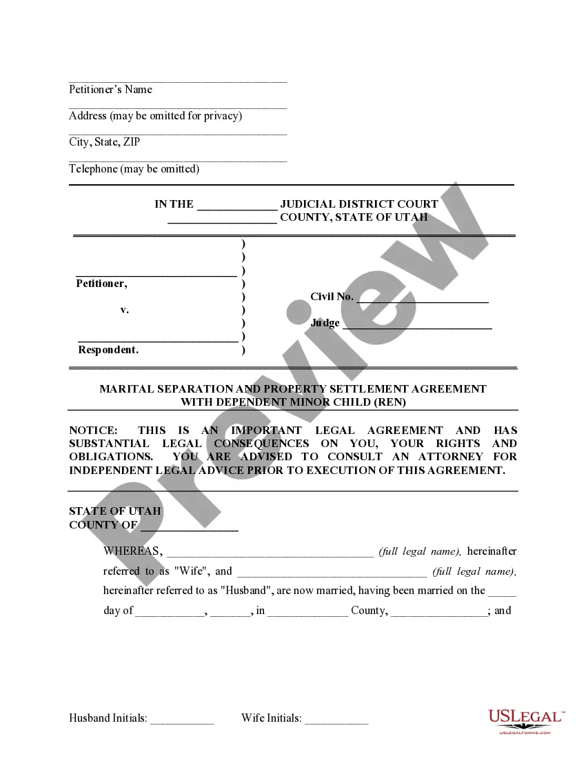 Preview Marital Domestic Separation and Property Settlement Agreement Minor Children Parties May have Joint Property or Debts where Divorce Action Filed