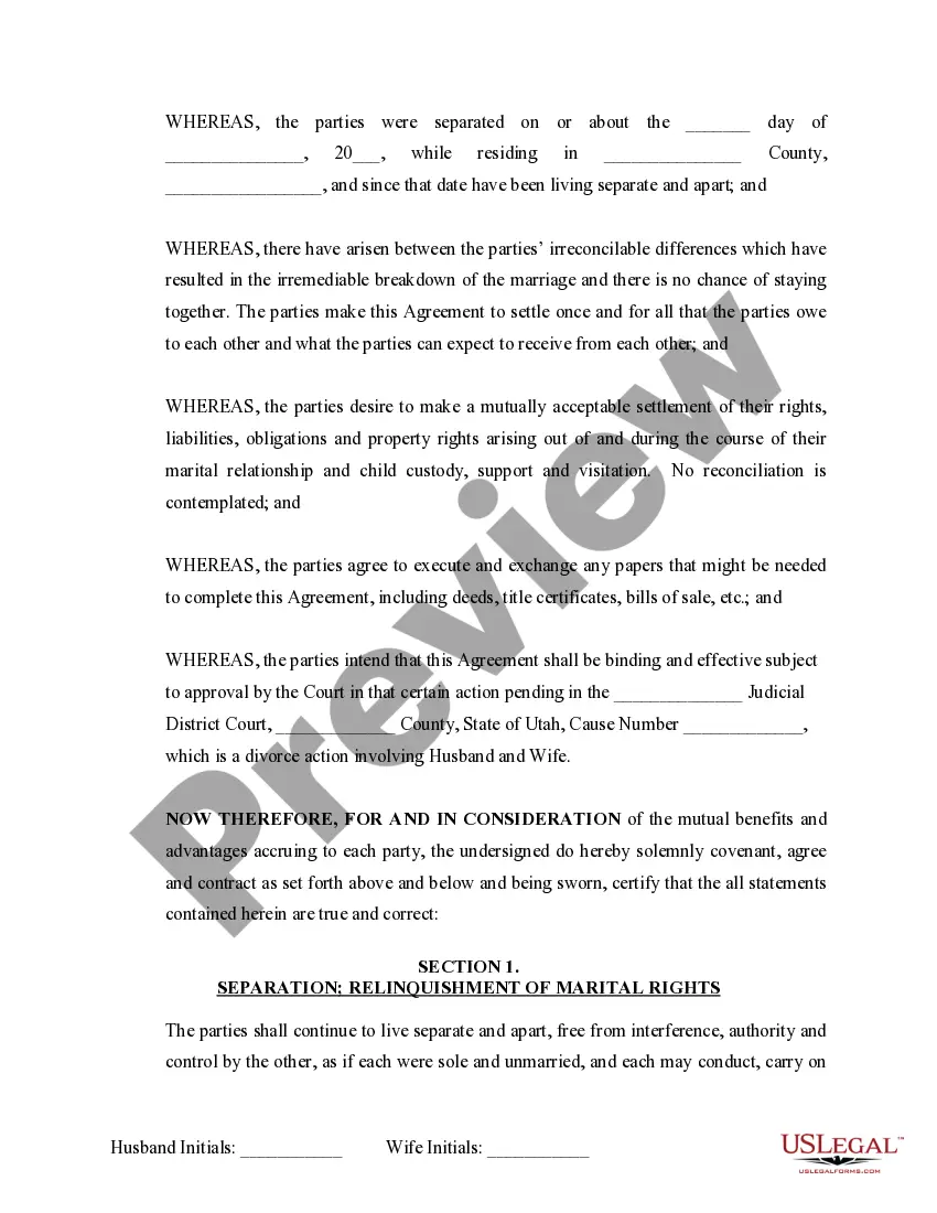 Preview Marital Domestic Separation and Property Settlement Agreement Minor Children Parties May have Joint Property or Debts where Divorce Action Filed