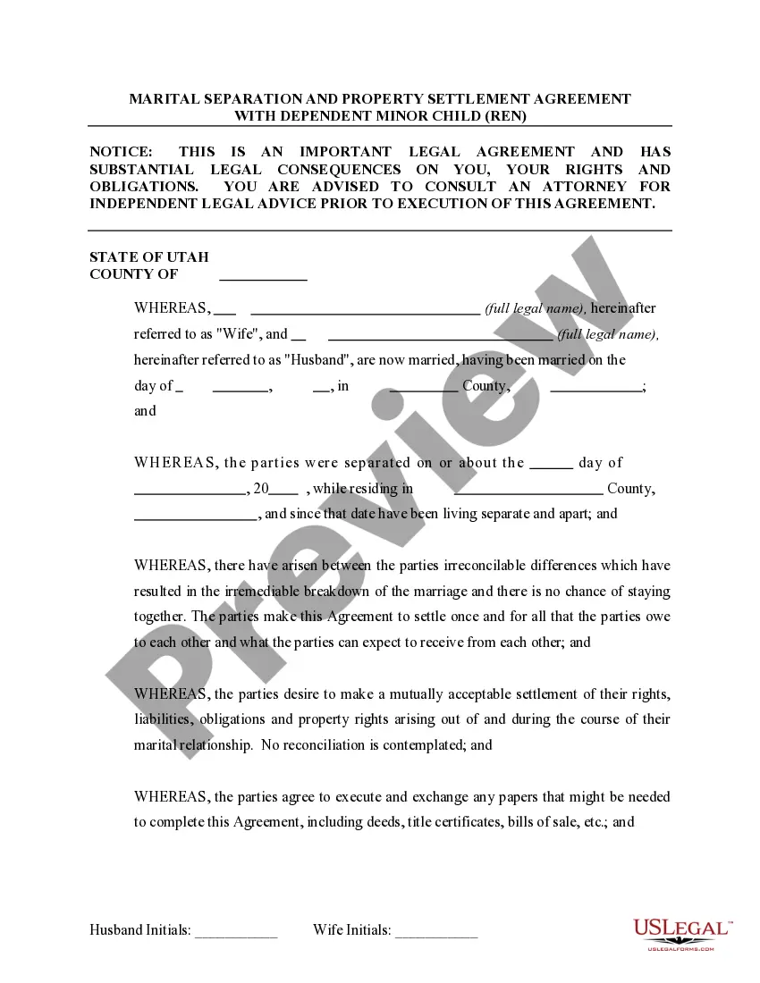 Preview Marital Domestic Separation and Property Settlement Agreement Minor Children Parties May have Joint Property or Debts effective Immediately