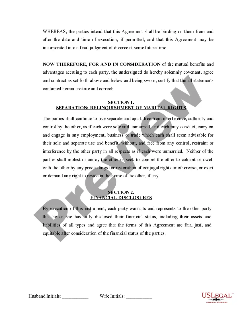 Preview Marital Domestic Separation and Property Settlement Agreement Minor Children Parties May have Joint Property or Debts effective Immediately