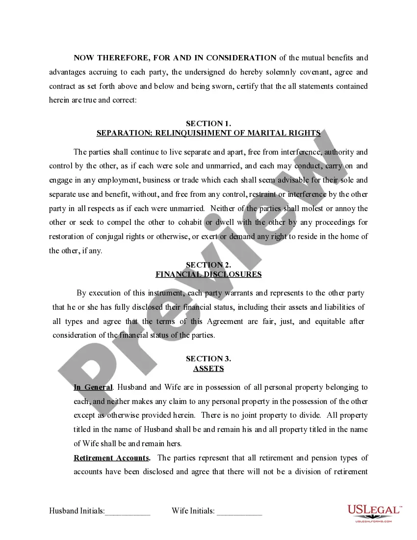 Preview Marital Domestic Separation and Property Settlement Agreement for persons with no Children, no Joint Property, or Debts Effective Immediately