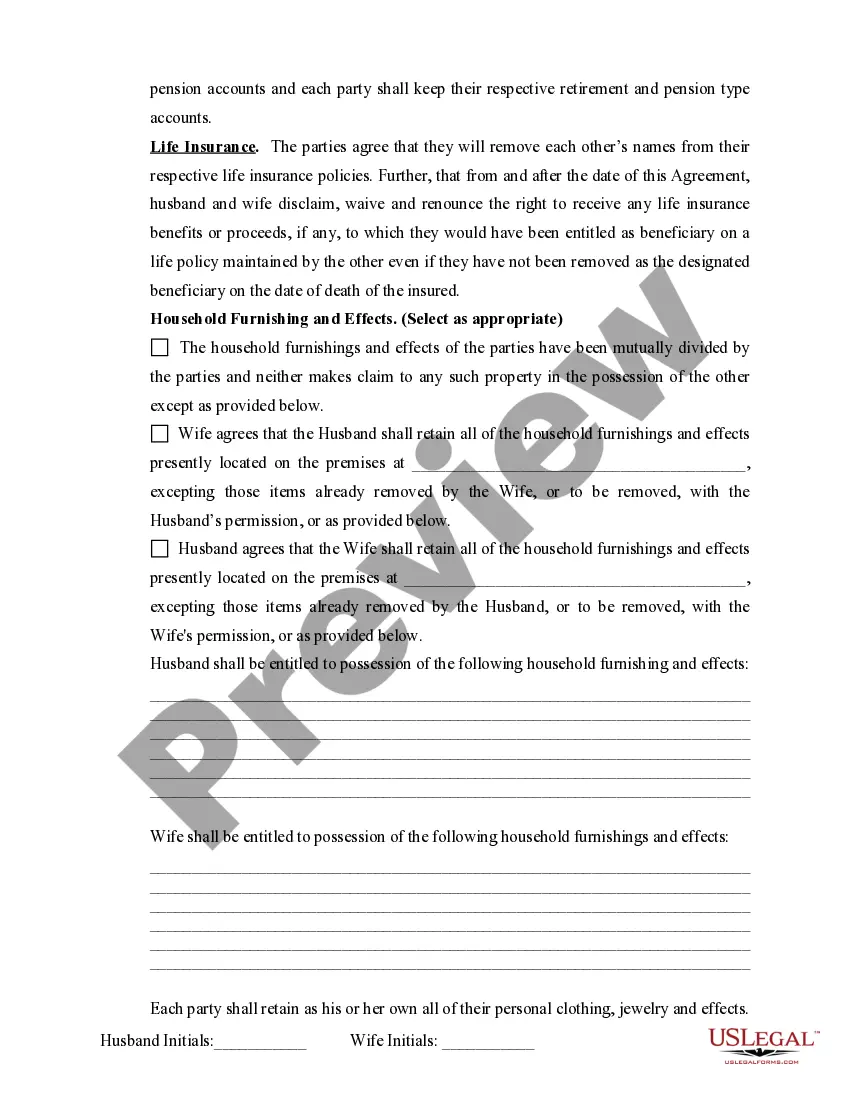 Preview Marital Domestic Separation and Property Settlement Agreement for persons with no Children, no Joint Property, or Debts Effective Immediately