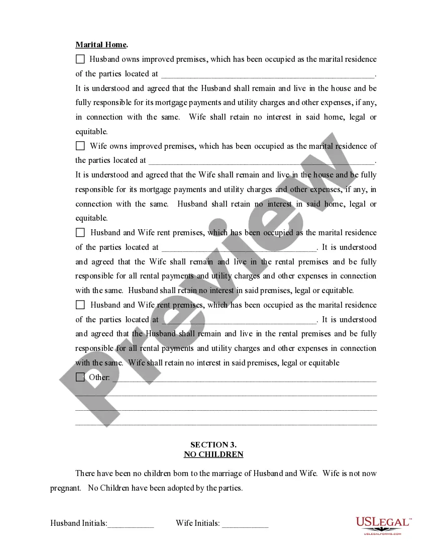Preview Marital Domestic Separation and Property Settlement Agreement for persons with no Children, no Joint Property, or Debts Effective Immediately