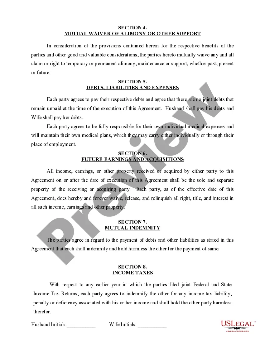 Preview Marital Domestic Separation and Property Settlement Agreement for persons with no Children, no Joint Property, or Debts Effective Immediately