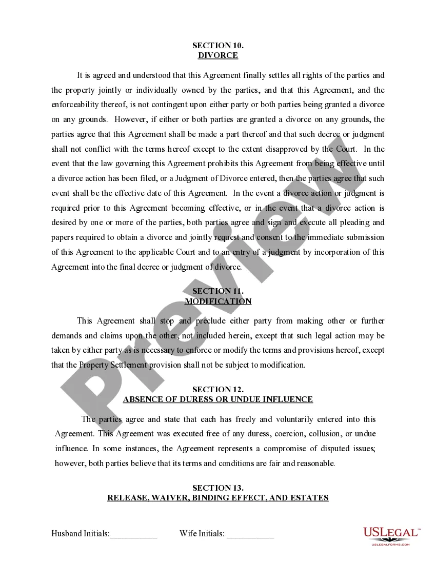 Preview Marital Domestic Separation and Property Settlement Agreement for persons with no Children, no Joint Property, or Debts Effective Immediately