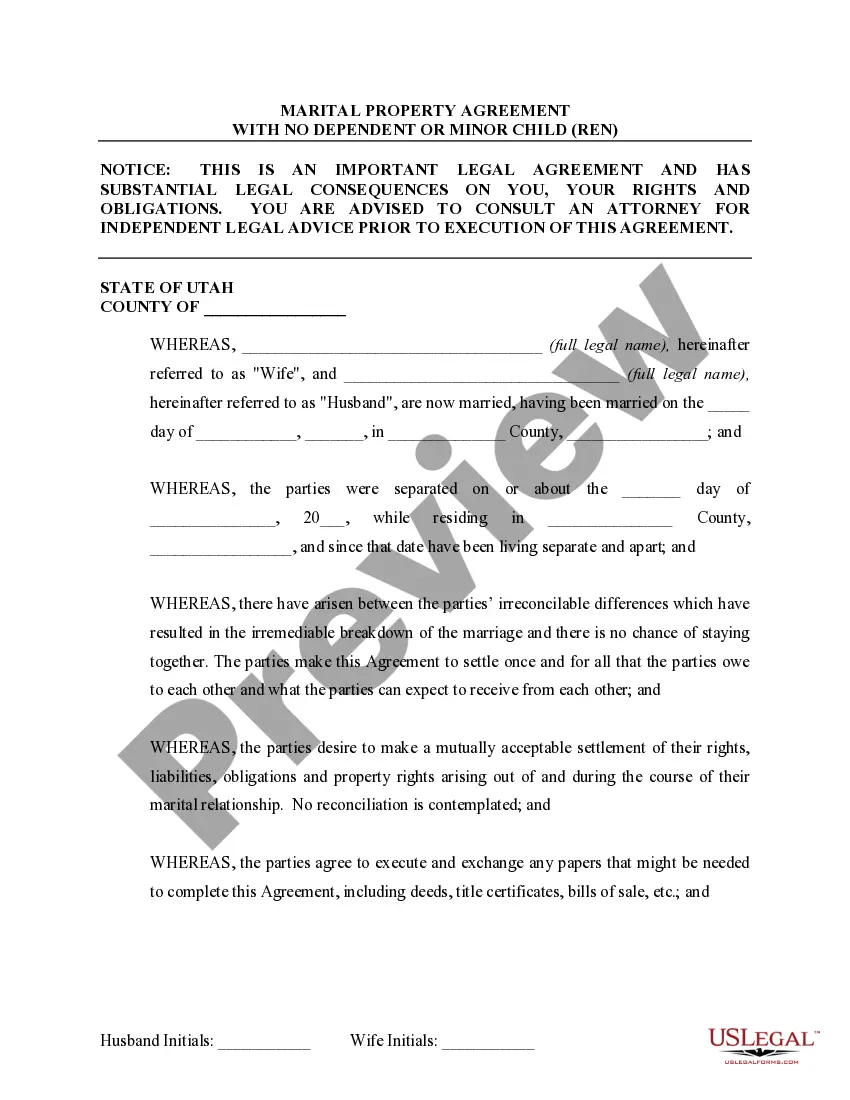 Preview Marital Domestic Separation and Property Settlement Agreement no Children parties may have Joint Property or Debts Effective Immediately