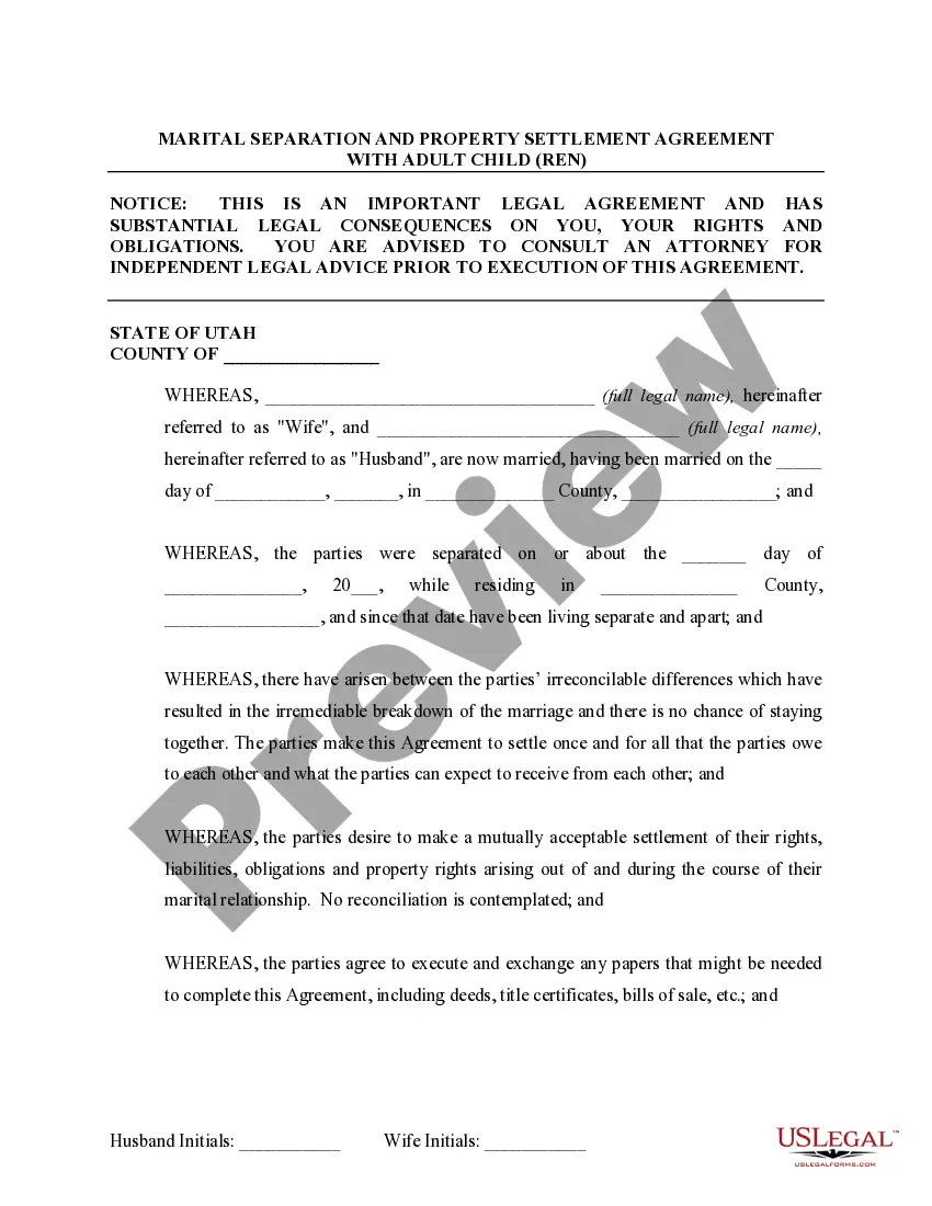 Preview Marital Domestic Separation and Property Settlement Agreement Adult Children Parties May have Joint Property or Debts effective Immediately