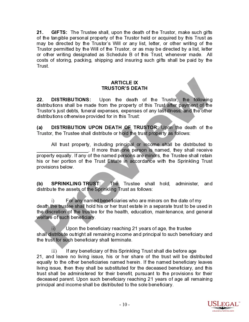 Preview Living Trust for Individual Who is Single, Divorced or Widow (or Widower) with No Children