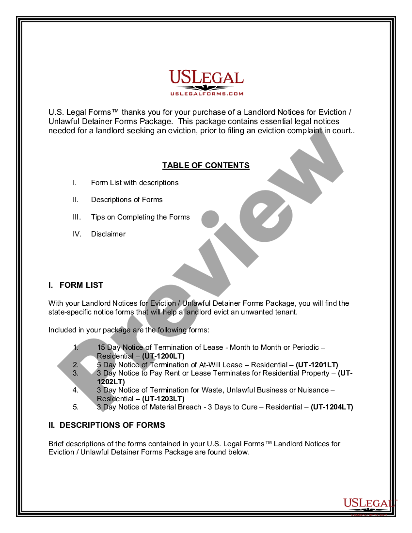 Utah Landlord Notices For Eviction Unlawful Detainer Forms Package Utah Eviction Us Legal