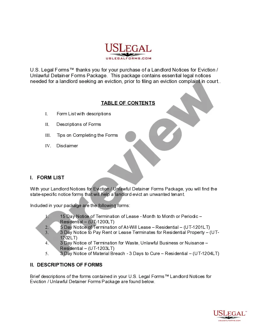 Preview Utah Landlord Notices for Eviction / Unlawful Detainer Forms Package