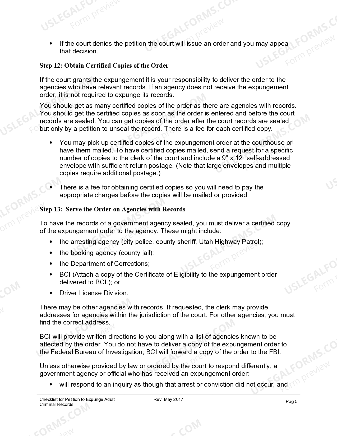 West Valley City Utah Checklist for Petition to Expunge Adult Criminal