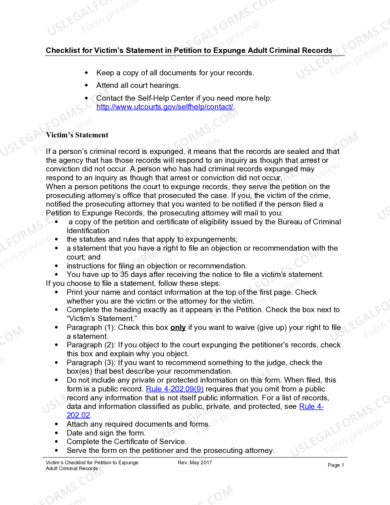 West Valley City Utah Checklist for Victim's Statement in Petition to