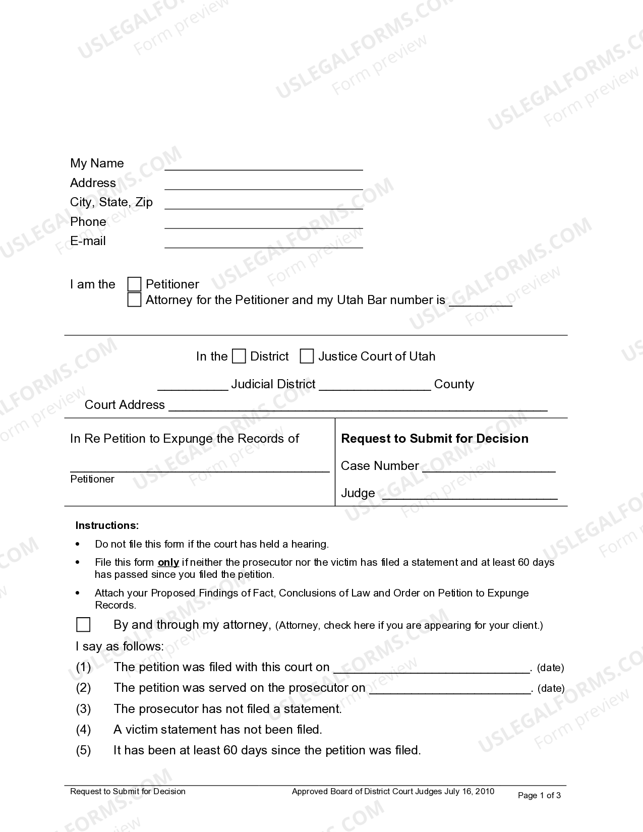 Utah Request to Submit for Decision Expungement Utah Bci US Legal Forms