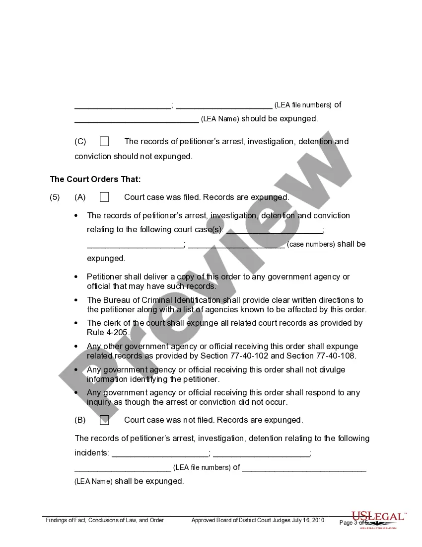 Get Findings of Fact, Conclusions of Law and Order on Petition to Expunge Records Preview Findings of Fact, Conclusions of Law and Order on Petition to Expunge Records