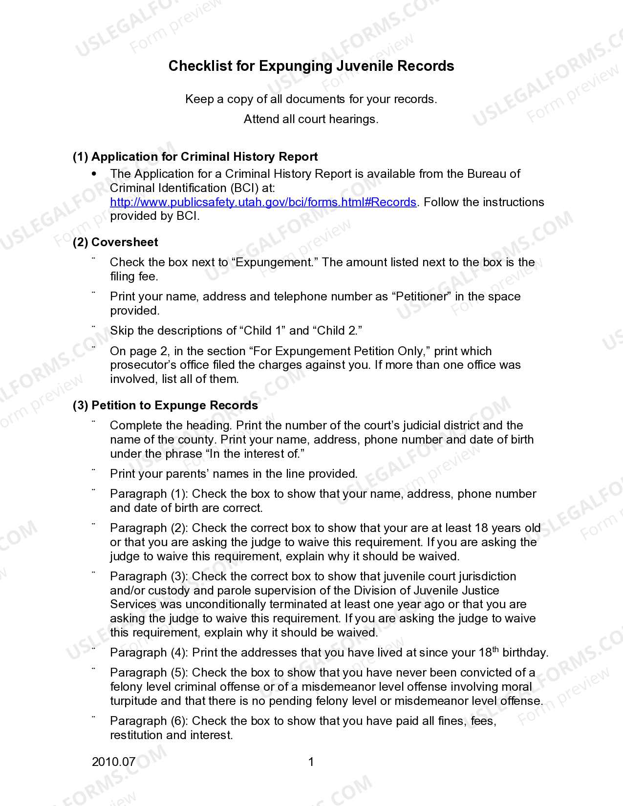 West Valley City Utah Checklist for Petition to Expunge Juvenile