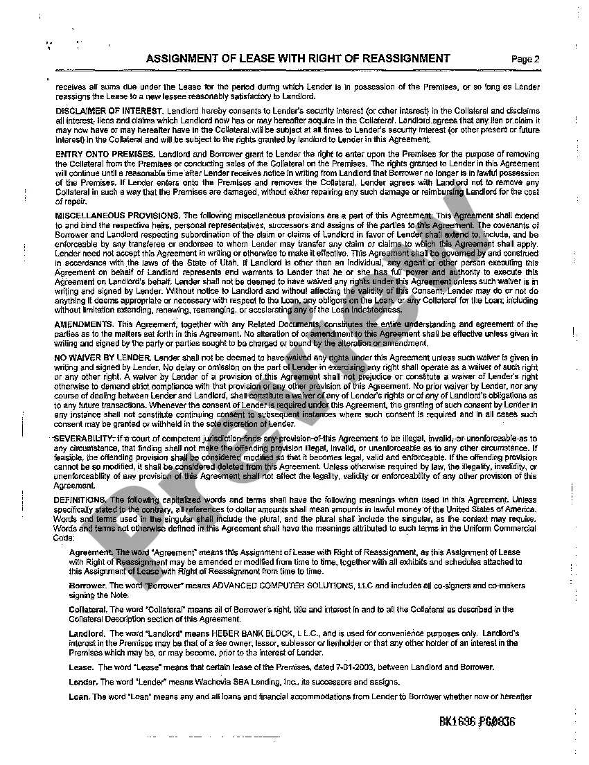 Preview Assignment of Lease with Right of Reassignment