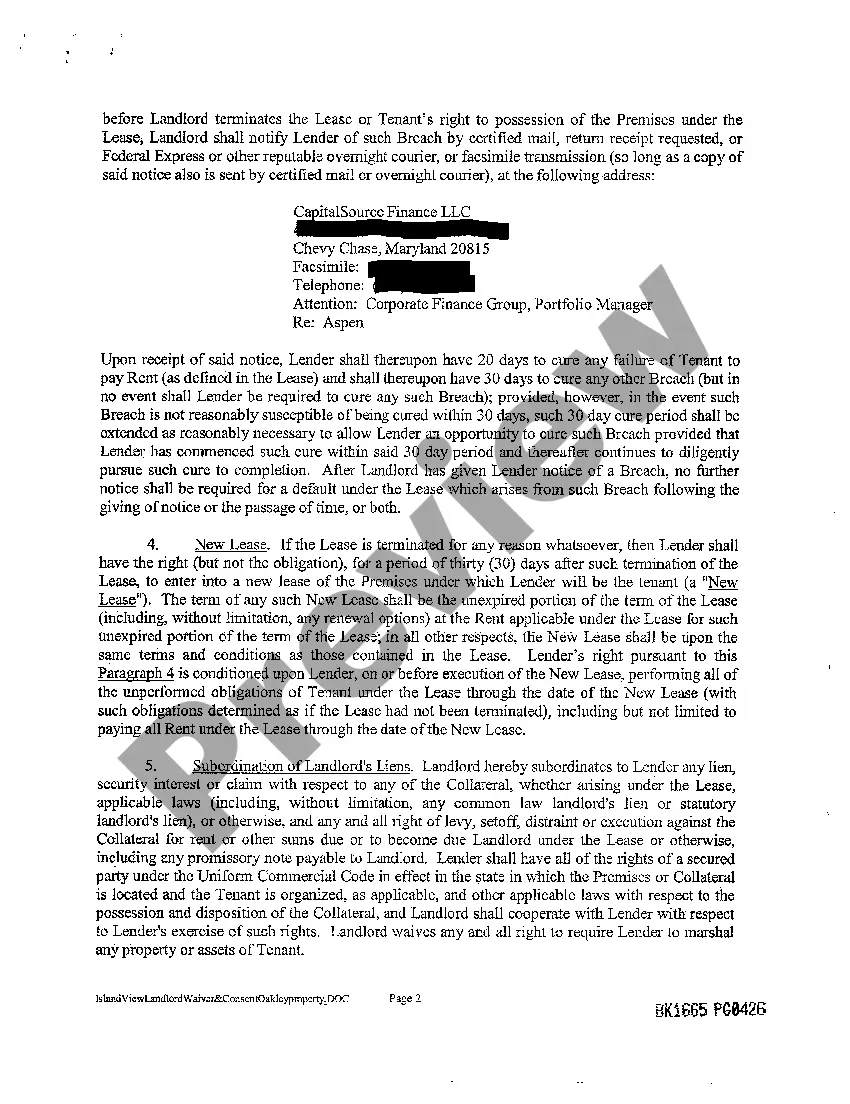 Preview Landlord's Waiver and Consent to Assignment of Leasehold Interest