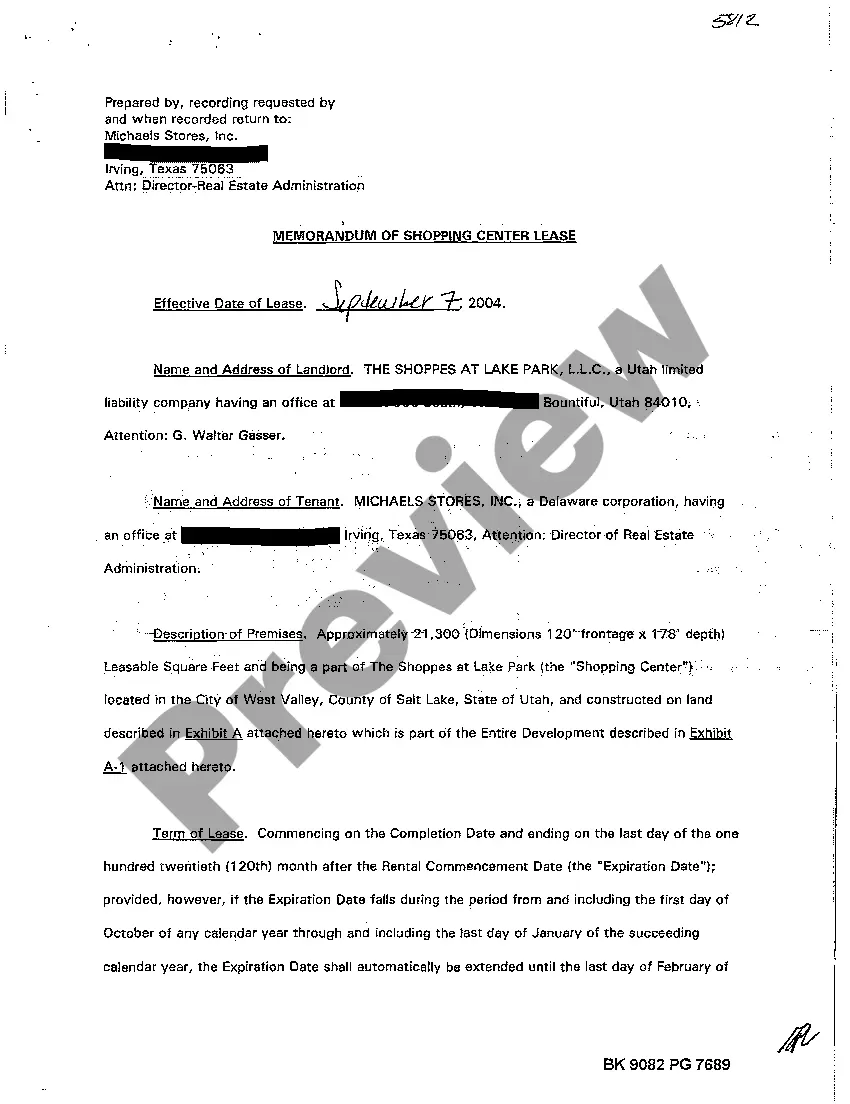 Preview Memorandum of Shopping Center Lease