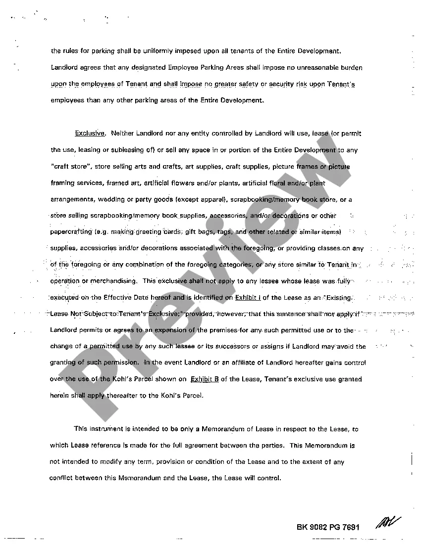 Preview Memorandum of Shopping Center Lease