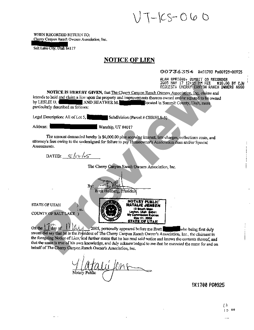 Utah Notice of Lien by Homeowners Association Hoa Put Lien On House