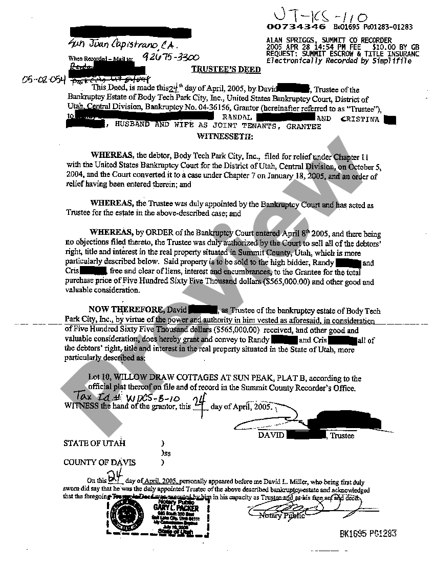 Utah Bankruptcy Trustee's Deed to Real Estate of Debtor How Does A