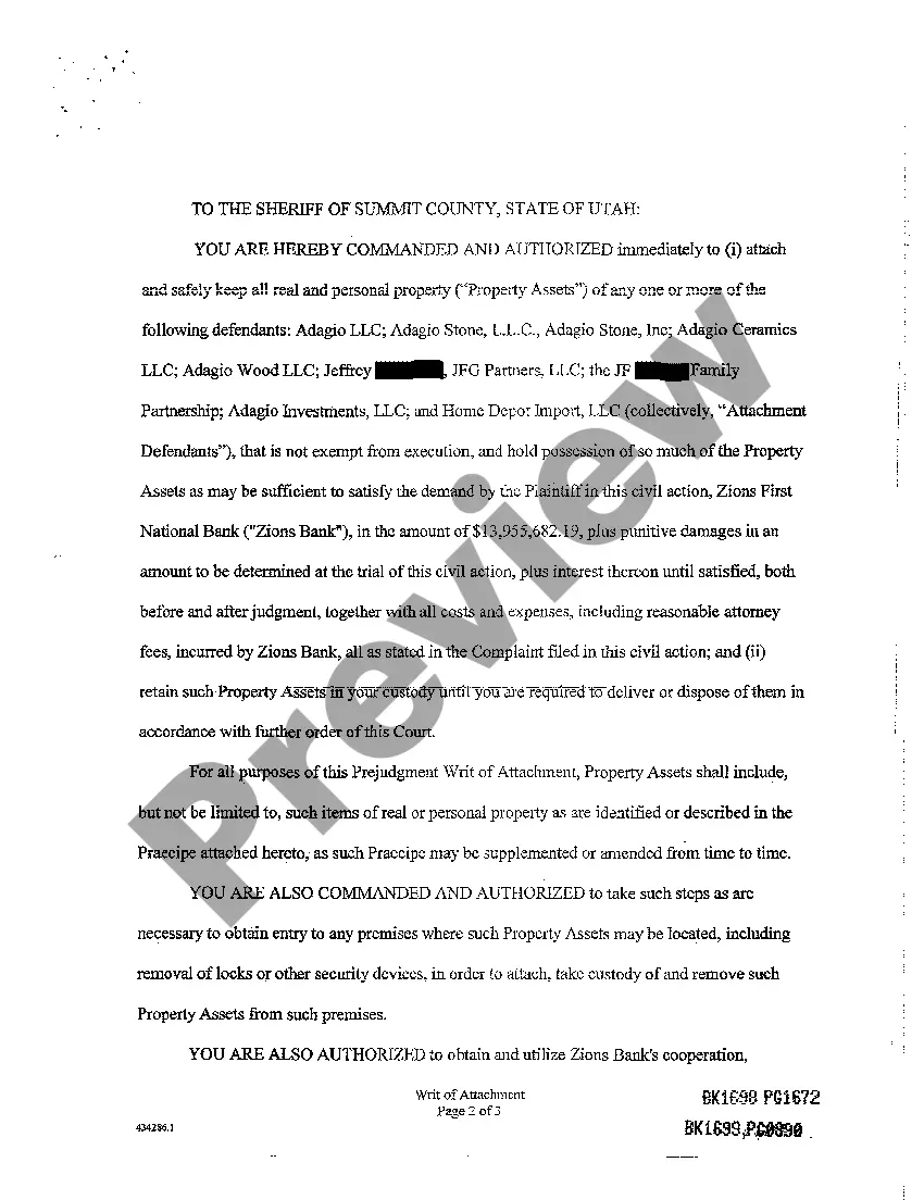 Preview Prejudgment Writ of Attachment (Without Notice)