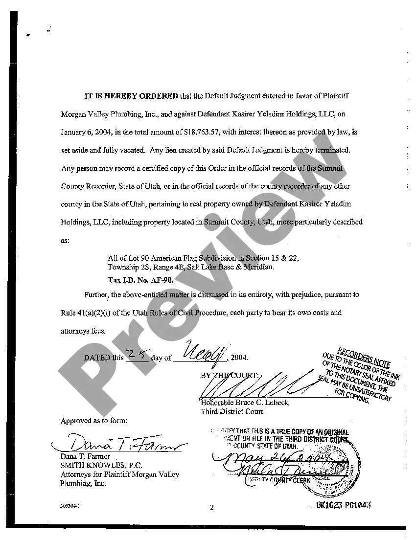 Preview Order Setting Aside Default Judgment and Dismissing Lawsuit with Prejudice