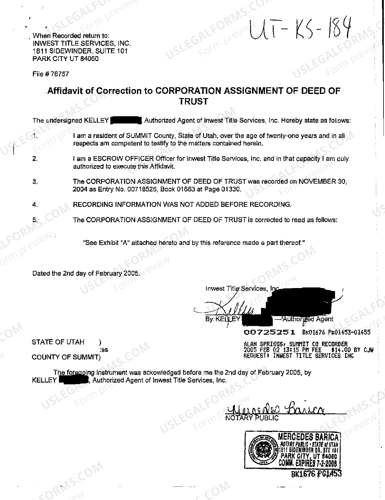 West Jordan Utah Affidavit of Correction to Corporation Assignment of