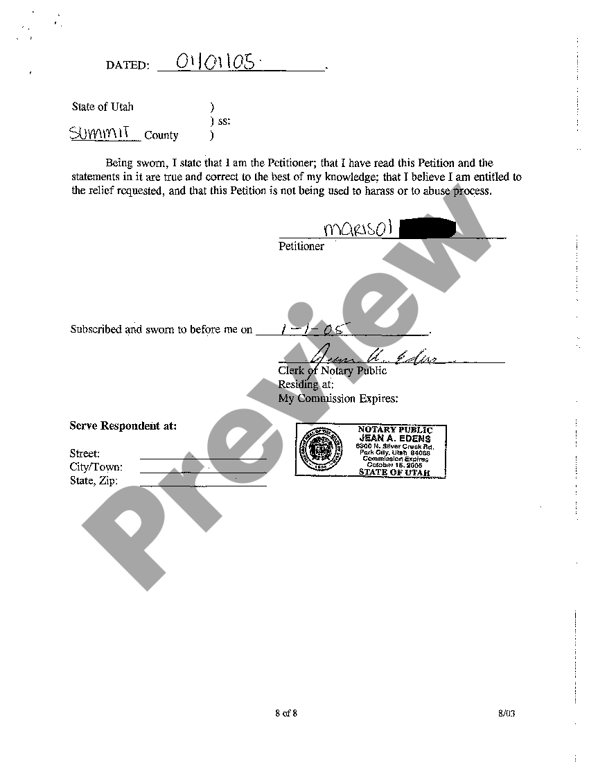 Utah Verified Petition for Protective Order US Legal Forms