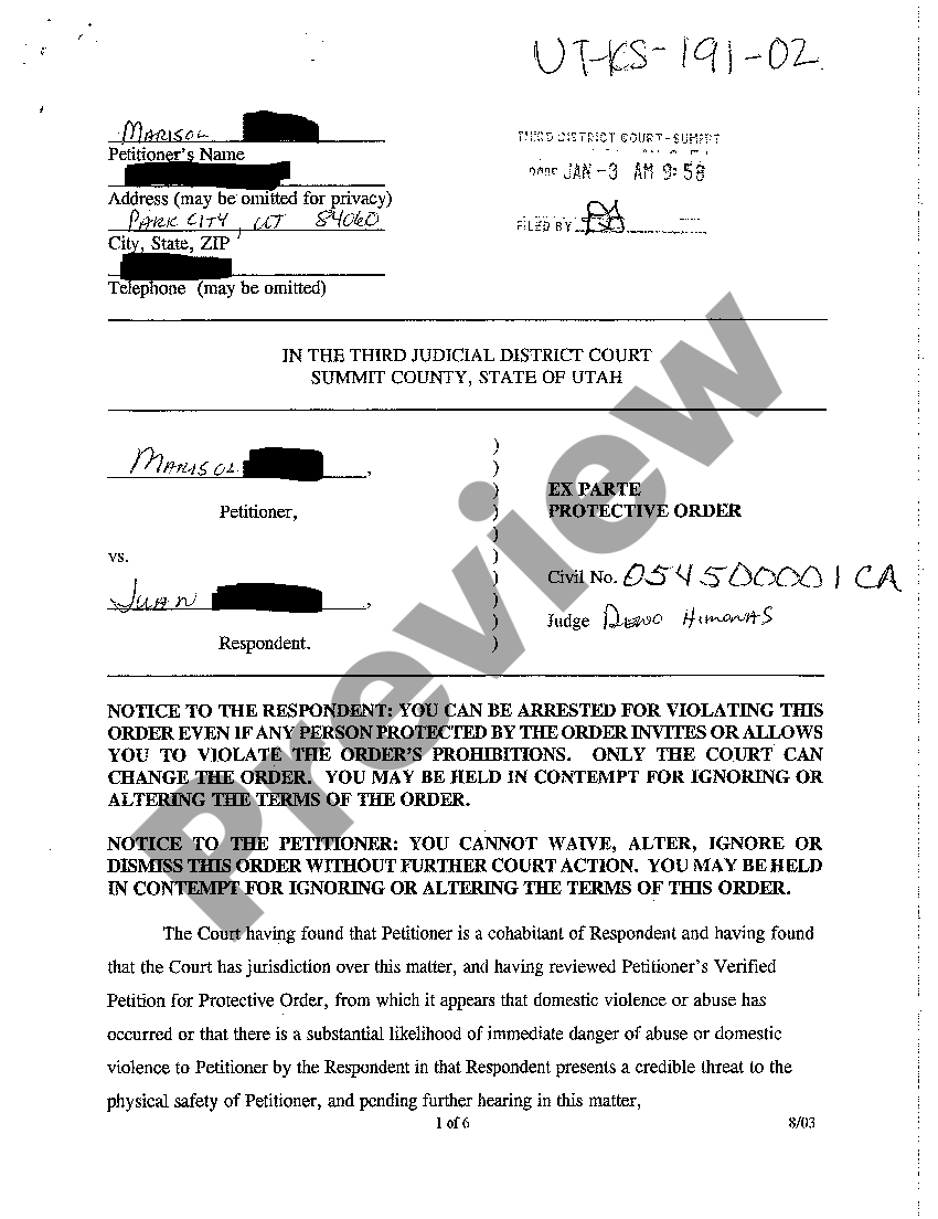 Utah Ex Parte Protective Order US Legal Forms