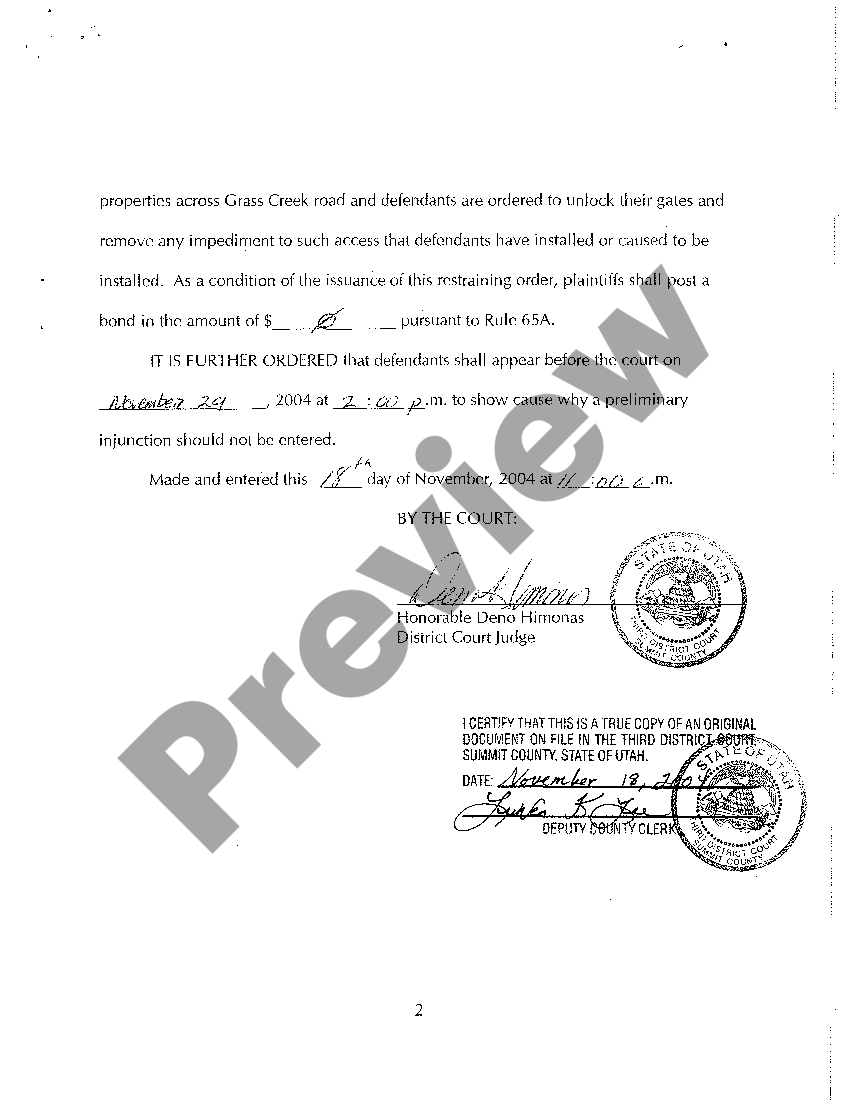 Utah Temporary Restraining Order and Order to Show Cause US Legal Forms