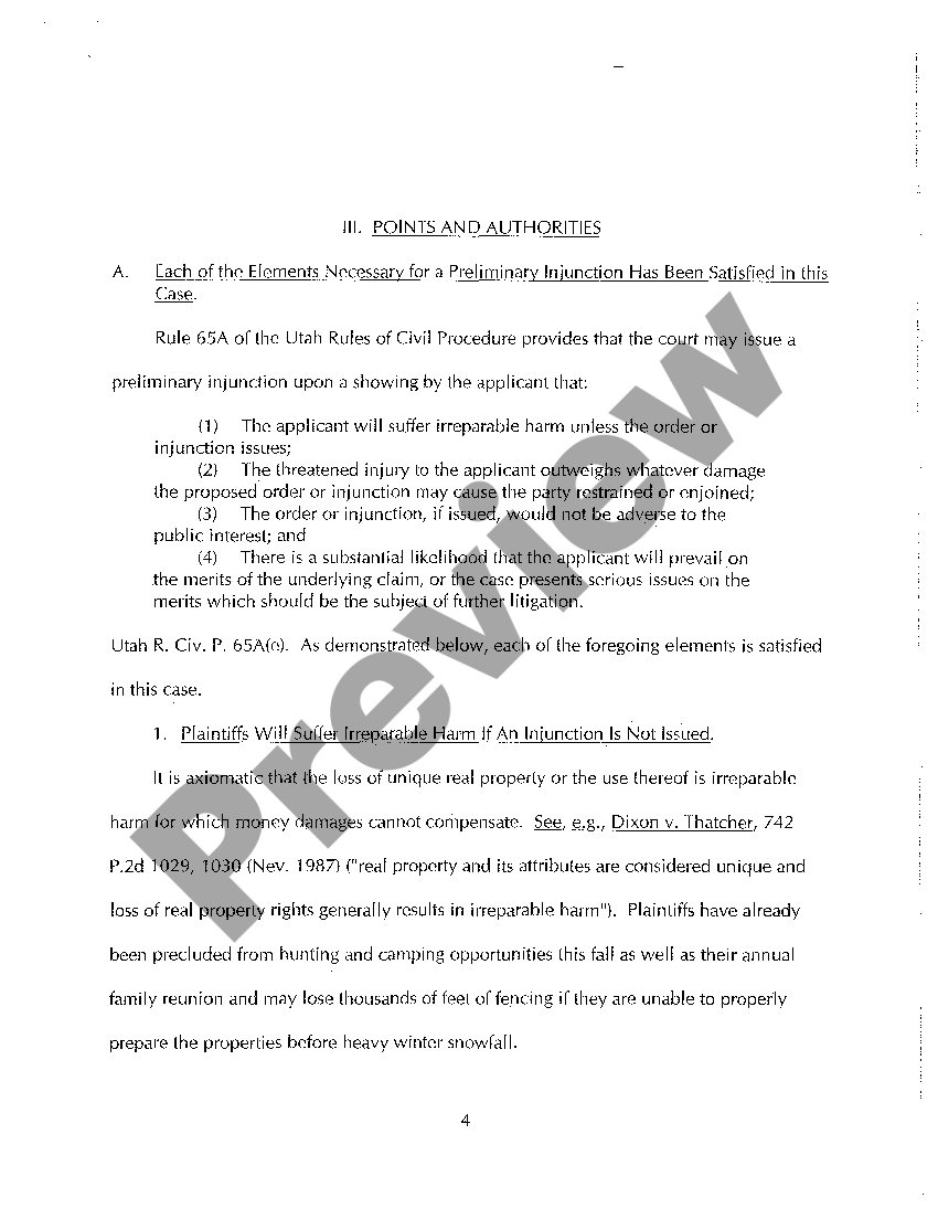 Salt Lake Utah Memorandum of Points and Authorities in Support of