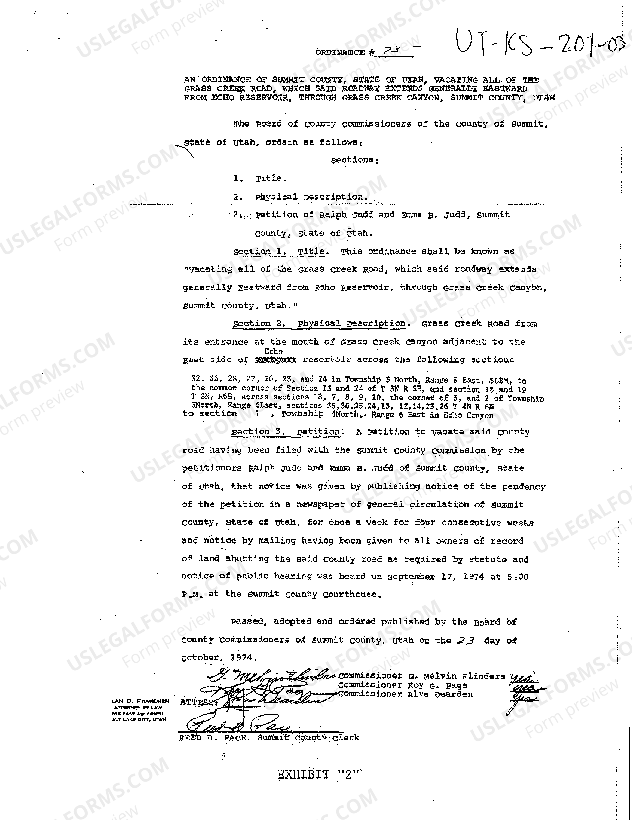 Utah Exhibit 2 Ordinance of County Abolishing Road US Legal Forms