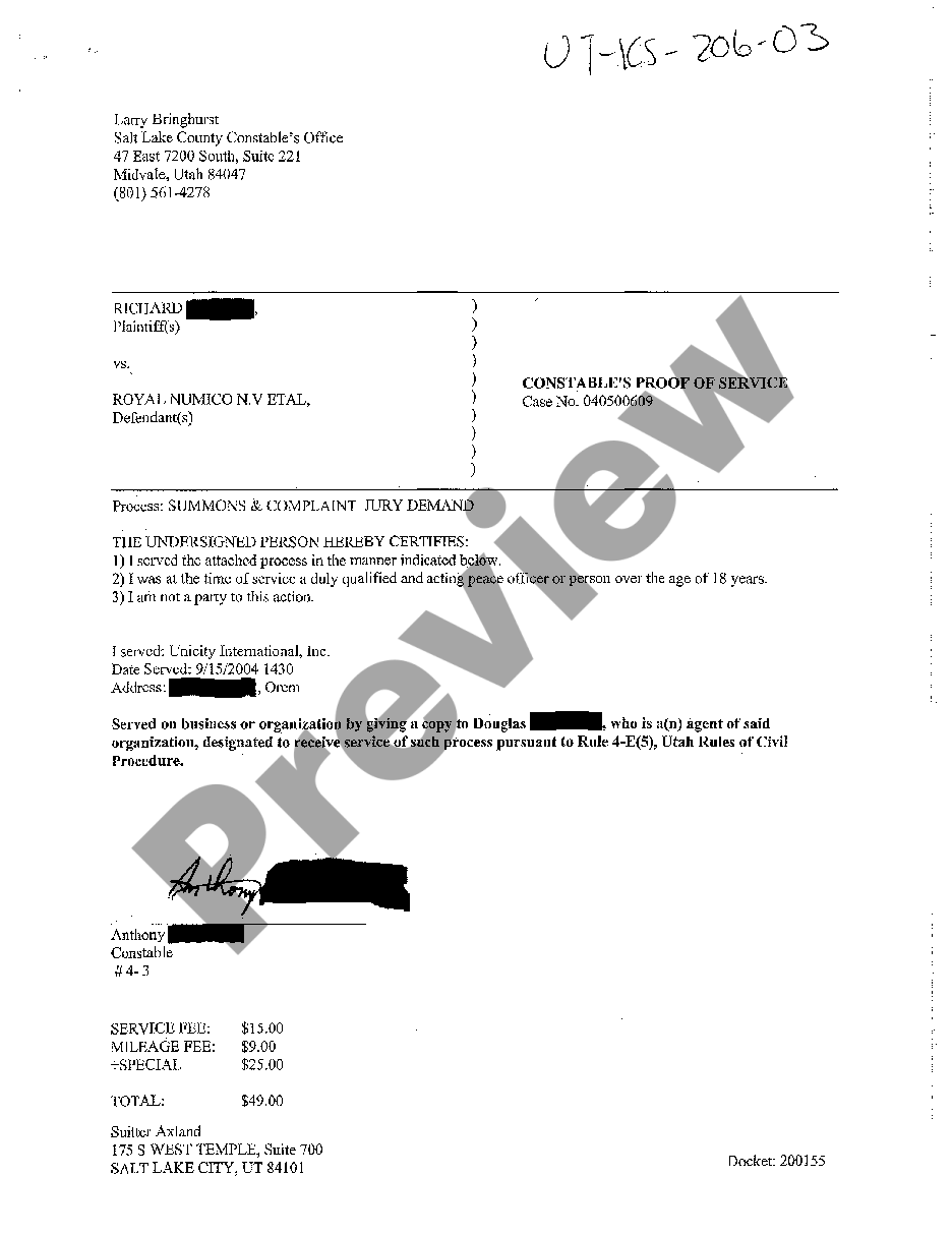 Utah Constable's Proof of Service - Utah County Constable Office | US ...