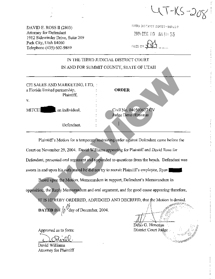 Utah Order Denying Motion For Temporary Restraining Order US Legal Forms