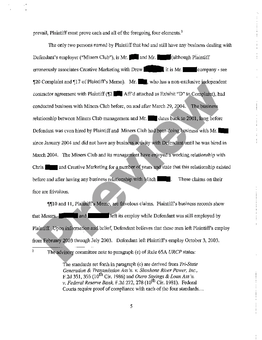 Preview A05 Defendant's Memorandum in Opposition to Plaintiff's Application for Temporary Restraining Order and Preliminary Injunction
