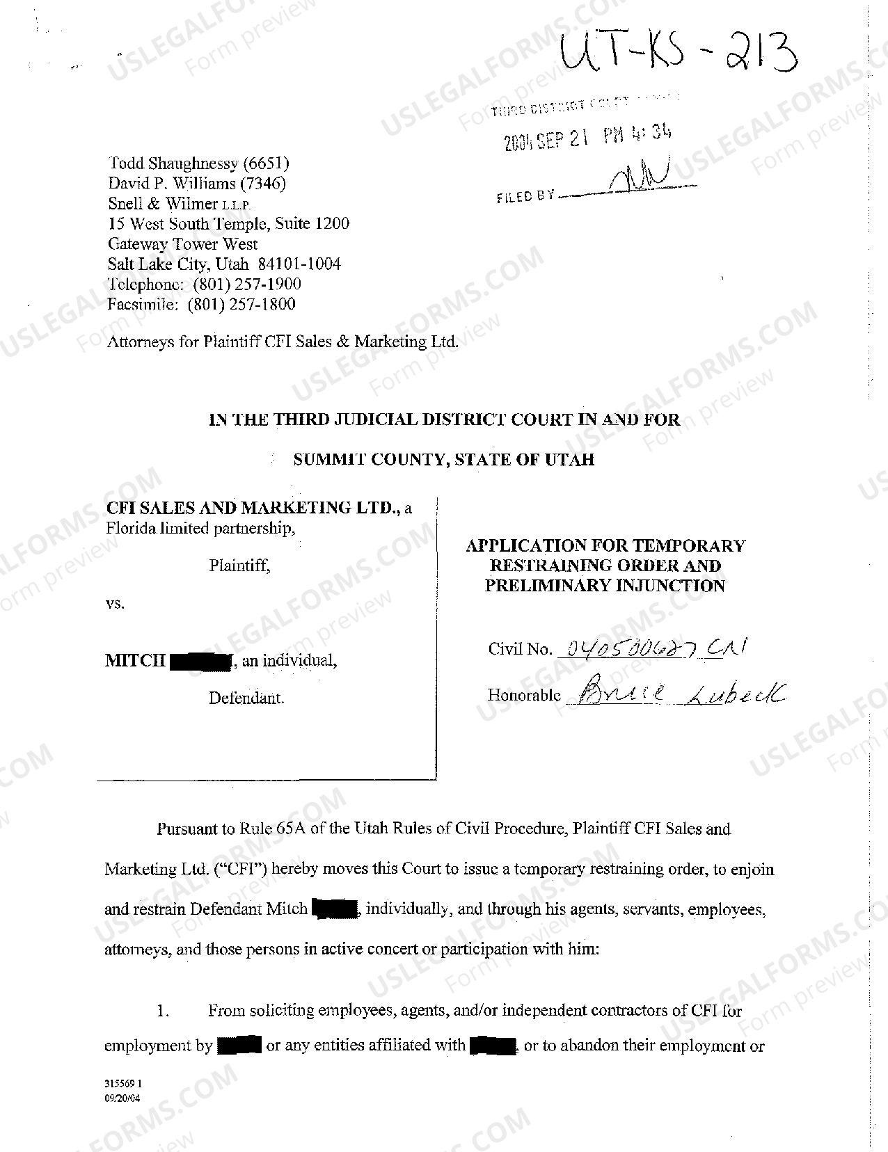 West Valley City Utah Application for Temporary Restraining Order and ...