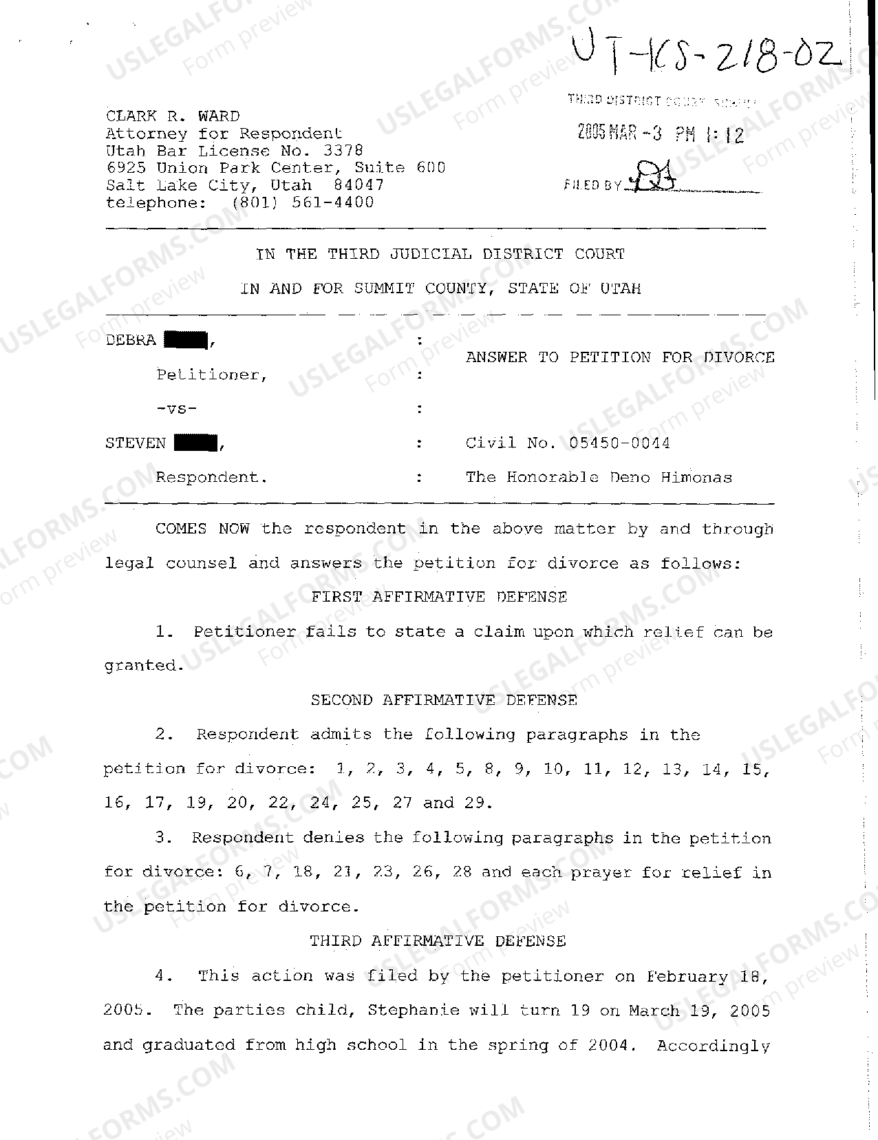 Utah Answer to Petition for Divorce | US Legal Forms