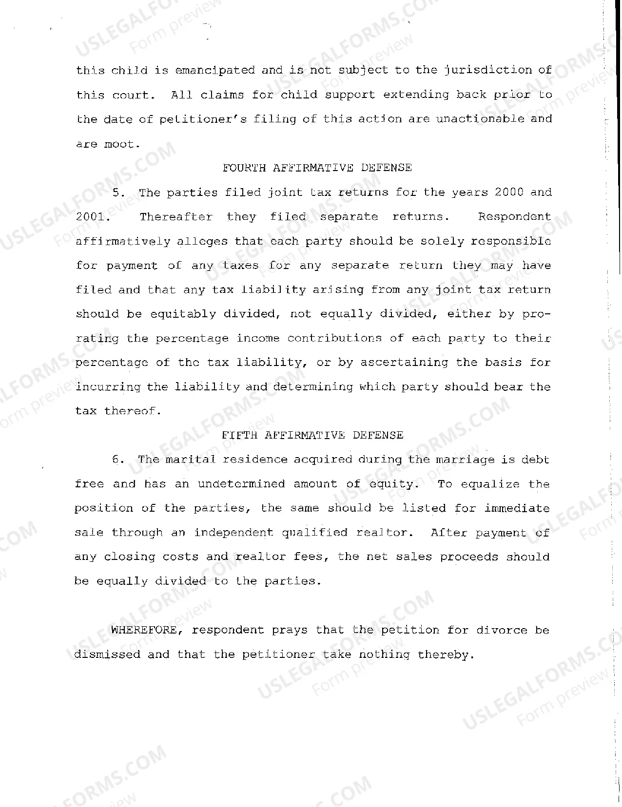 Preview A02 Answer to Petition for Divorce