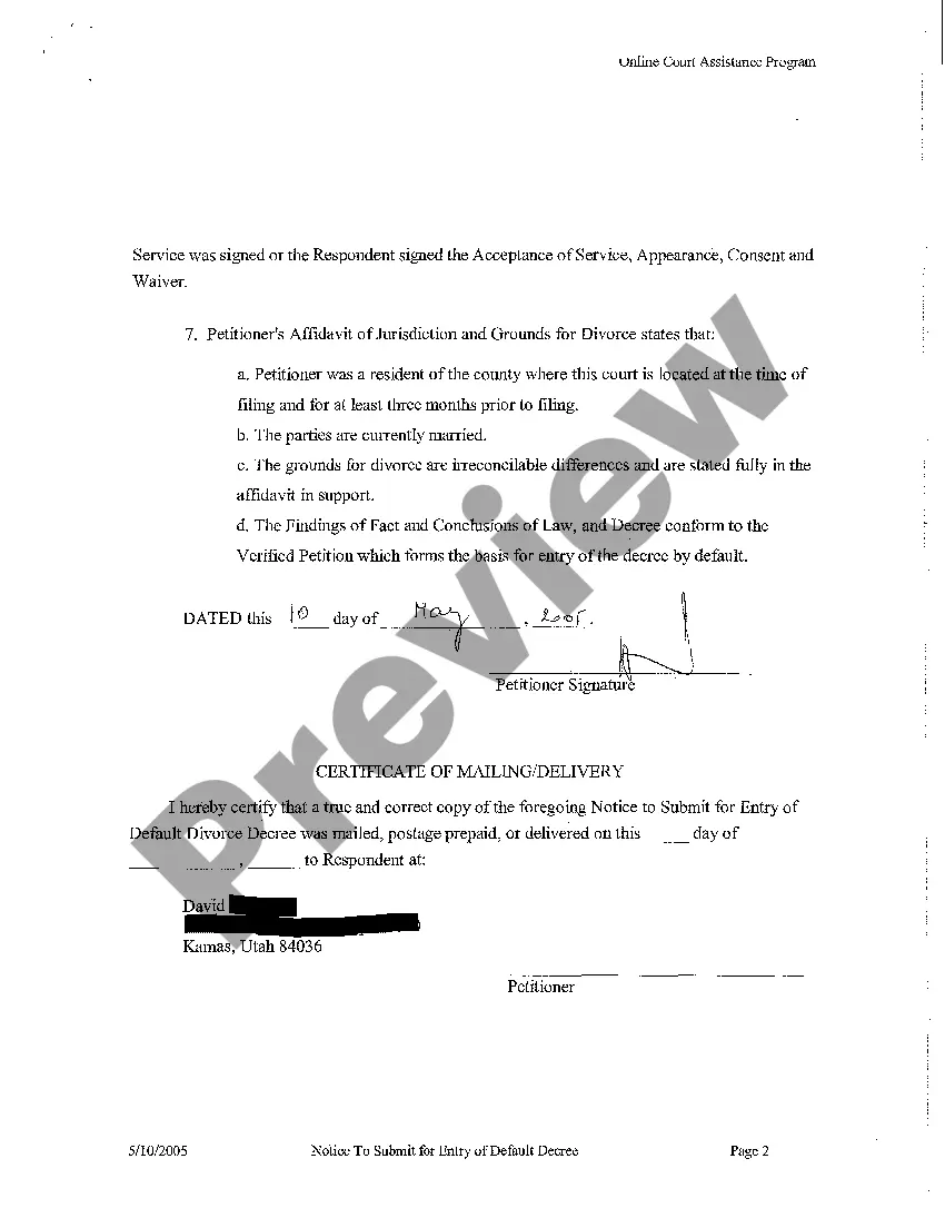 Get A02 Notice to Submit for Entry of Default Decree of Divorce Preview A02 Notice to Submit for Entry of Default Decree of Divorce