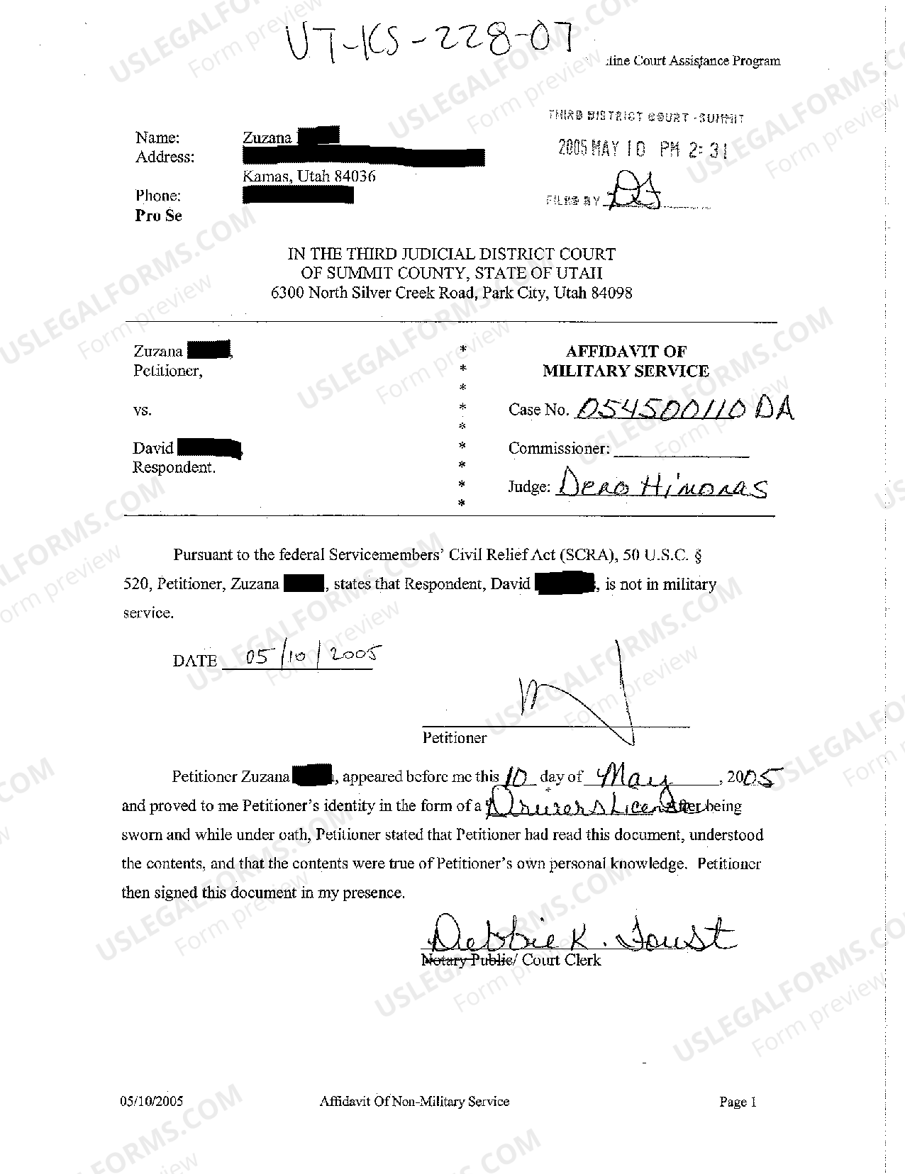 Utah Affidavit of Military Service US Legal Forms