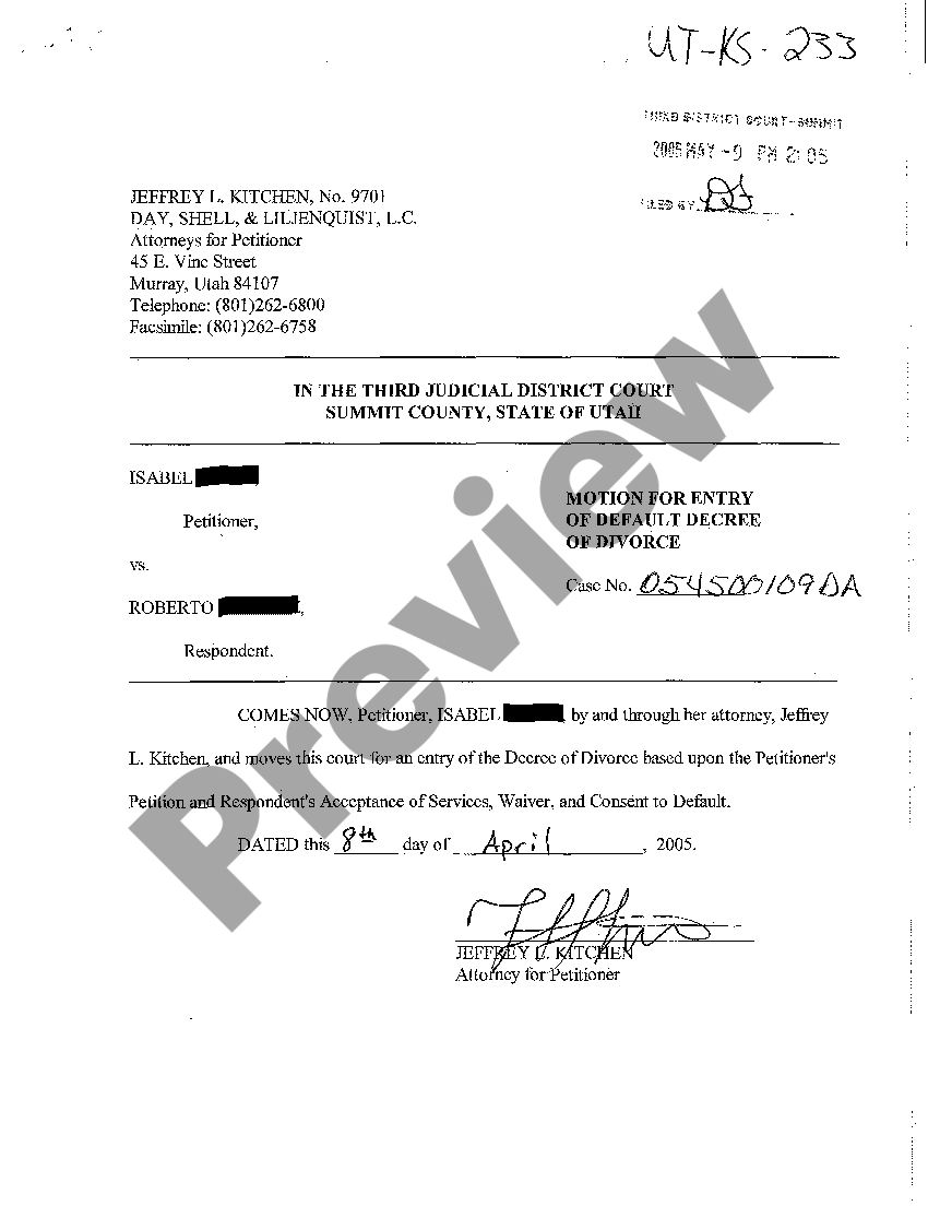 West Valley City Utah Motion For Entry of Default Decree of Divorce