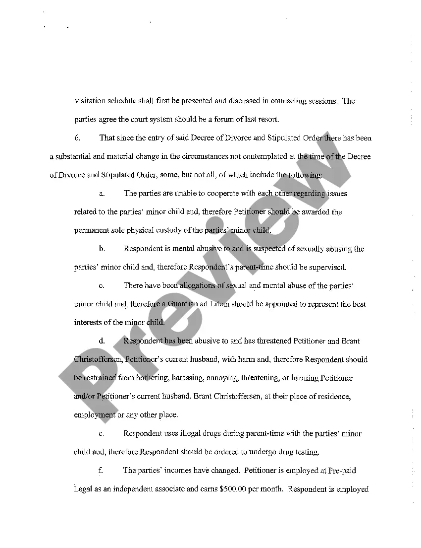 Preview A01 Verified Petition for Modification or Amendment of Decree of Divorce and Stipulated Order