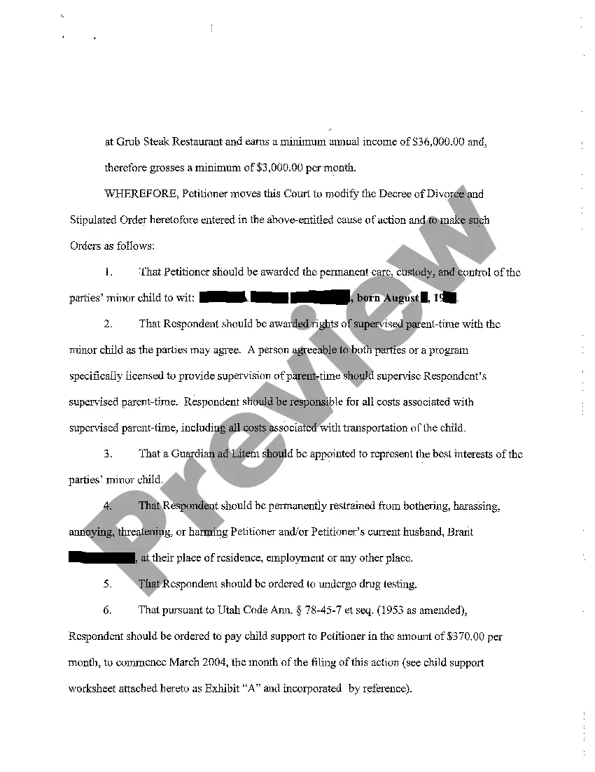 Preview A01 Verified Petition for Modification or Amendment of Decree of Divorce and Stipulated Order