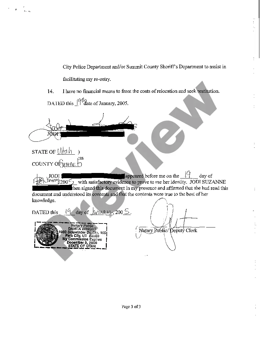 Preview A03 Affidavit in Support of Ex Parte Motion for Order of Reentry and Writ of Assistance