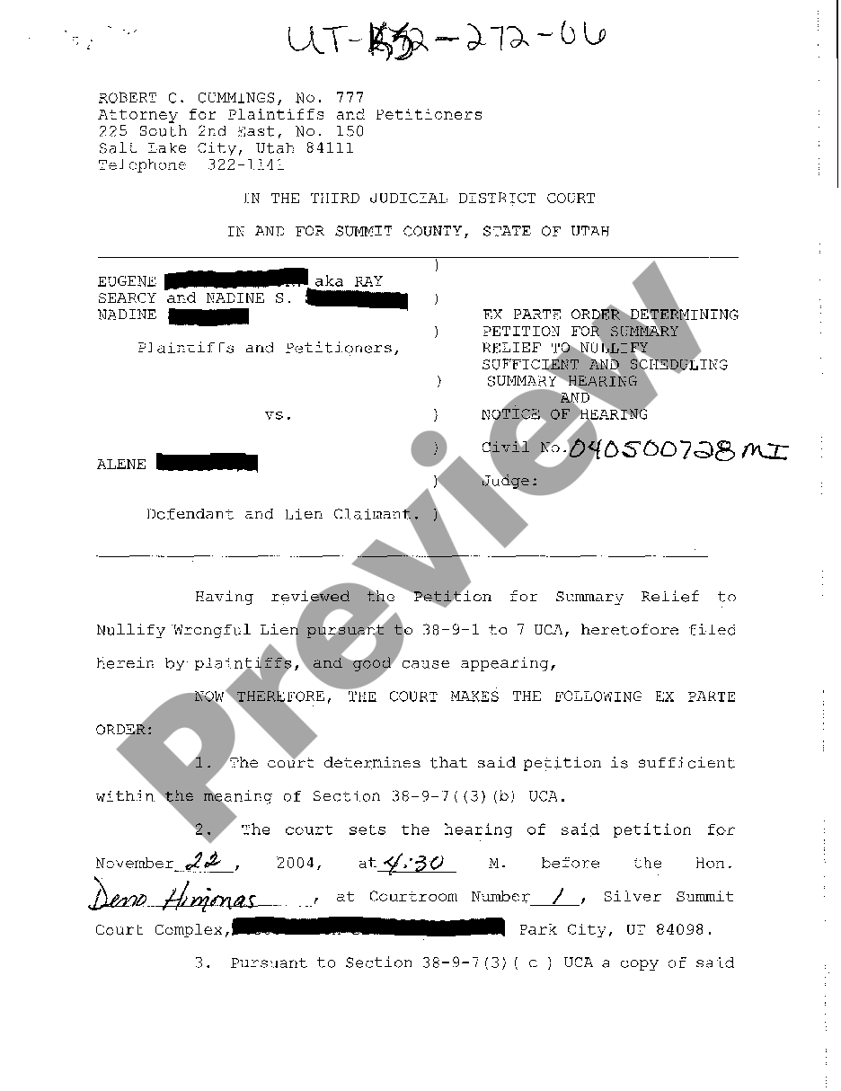 page 0 A04 Ex Parte Order Determining Petition for Summary Relief to Nullify Sufficient and Scheduling Summary Hearing and Notice of Hearing preview