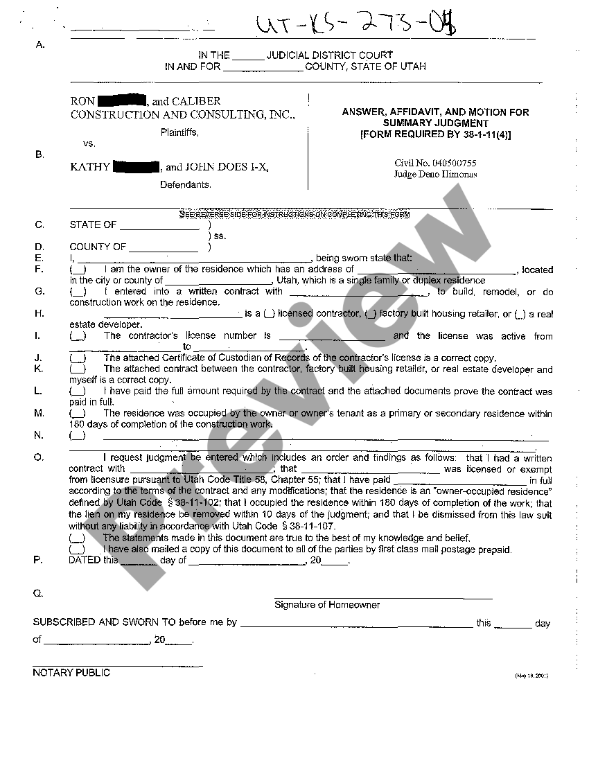 West Valley City Utah Answer, Affidavit, and Motion for Summary